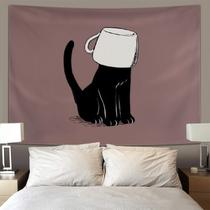 Tapeçaria pendurada na parede com desenho animado de gato preto com café 150x130cm
