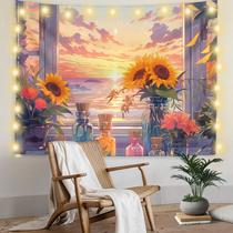 Tapeçaria pendurada na parede com vista para janela de girassol com luzes LED 150x130cm Tapeçaria pendurada na parede com vista para janela de girassol com luzes LED 150x130cm