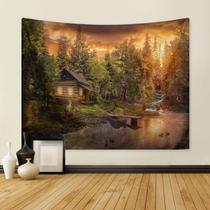 Tapeçaria pendurada na parede Forest Cabin Scenic Lake Sunset 150x130cm Tapeçaria pendurada na parede Forest Cabin Scenic Lake Sunset 150x130cm