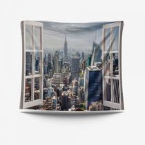 Tapeçaria, vista para janela, edifício, parede da cidade, 150x130cm, microtecido Tapeçaria, vista para janela, edifício, parede da cidade, 150x130cm, microtecido