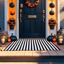 Tapete ao ar livre Moucuny preto e branco listrado de Halloween 60x90cm