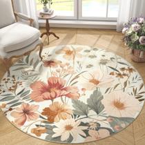 Tapete Area Jinchan Floral Round 120 cm, lavável, antiderrapante, rosa/cinza