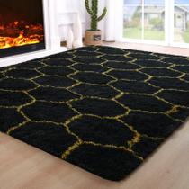 Tapete Area Noahas Fluffy 5x8 para quarto, sala de estar, preto, dourado