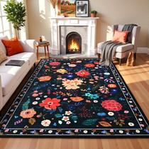 Tapete Area Terrug Floral Large 160x230cm Tapete lavável preto Tapete Area Terrug Floral Large 160x230cm Tapete lavável preto