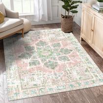 Tapete Area Vhong Vintage, lavável, moderno, empoeirado, rosa/verde, 90x150cm Tapete Area Vhong Vintage, lavável, moderno, empoeirado, rosa/verde, 90x150cm