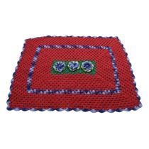 Tapete Artesanal De Crochê Barbante Vermelho N6 87Cm Borda Azul Para Decorar Quarto Sala Escritório - AZS