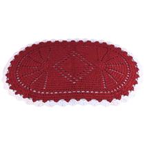 Tapete Artesanal De Crochê Oval Barbante Vermelho N6 72Cm Borda Branca Para Decorar Quarto Sala Escritório