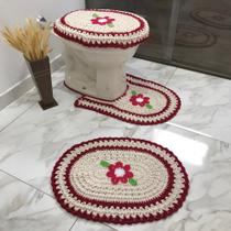 Tapete de Banheiro Bordado Flor 3 Peças Crochê Cores Variadas Jogo Artesanal Decoração Tricô