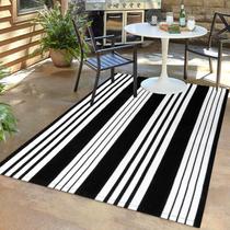Tapete de exterior LEEVAN preto e branco listrado 120x180cm de algodão