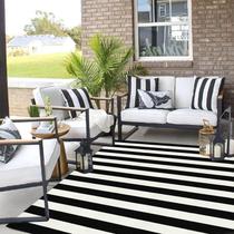 Tapete de exterior LEEVAN preto e branco listrado 150x210cm de algodão