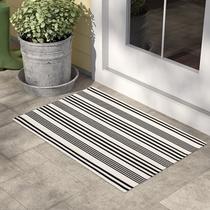 Tapete de exterior LEEVAN preto e branco listrado 60x90cm de algodão