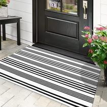 Tapete de exterior LEEVAN preto e branco listrado 70x110cm de algodão