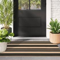 Tapete de exterior LEEVAN preto e castanho listrado 60x130cm de algodão
