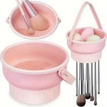 Tapete De Limpeza De Pincéis De Maquiagem De Silicone E Suporte De Secagem 3 Em 1, Kit Organizador