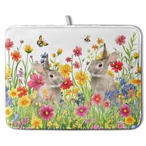 Tapete de secagem de pratos de Páscoa para balcão de cozinha Almofada de secagem de pratos de flores de coelhinho da Páscoa Tapetes de drenagem de pratos florais de coelho de primavera, microfibra absorvente, protetor de bancada de cozinha, tapetes de secagem de 18 x 24 polegadas