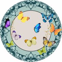 Tapete em Lona Redondo Borboletas Vintage Arabesco Azul Tapete em Lona Redondo Borboletas Vintage Arabesco Azul