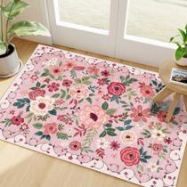 Tapete floral DUKINO de 2 x 3 pés para entrada, lavável, antiderrapante, rosa