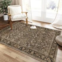 Tapete HUGEAR 3x5 marrom floral de baixa pilha antiderrapante lavável