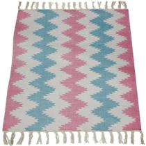 Tapete Indiano Algodão Print Chevron Azul e Rosa 1,40x2,00m