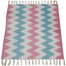 Tapete Indiano Algodão Print Chevron Azul e Rosa 1,40x2,00m