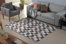 Tapete Jacquard Luxo para Sala Quarto Escritório 3,00m x 1,45m Antiderrapante Geométrico Tabuleiro Tabaco e Cáqui