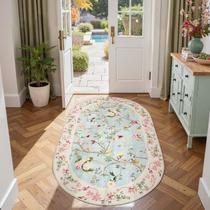Tapete Jinchan Floral Oval 90x150cm Lavável Antiderrapante Azul/Rosa