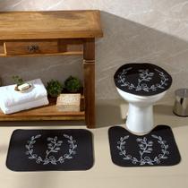 Tapete Jogo De Banheiro Preto Antiderrapante Kit 3 Peças Ramos Cinza