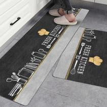 Tapete Jogo De Cozinha Passadeira Belga Antiderrapante 2 Peças - Utensílios Com Fundo Preto/Cinza