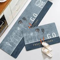 Tapete Jogo De Cozinha Passadeira Belga Antiderrapante 2 Peças - Utensílios Fundo Azul Escuro