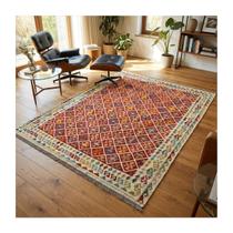 Tapete Kilim Ghashighay Artesanal de Lã Vermelho 246x302cm Geométrico Fino com Franja Tapete Kilim Ghashighay Artesanal de Lã Vermelho 246x302cm Geométrico Fino com Franja