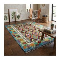 Tapete Kilim Paquistanês Artesanal de Lã 159x206cm Geométrico com Franja Tapete Kilim Paquistanês Artesanal de Lã 159x206cm Geométrico com Franja