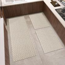 Tapete Kit Cozinha 3 Peças 1 Passadeira 1,30m X 0,45m 2 Capacho 0,65m X 0,45m Geométrico Bege