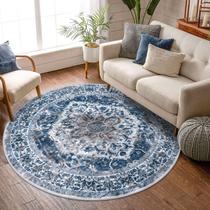 Tapete KOZYFLY redondo 180 cm azul de lã sintética vintage para sala de estar