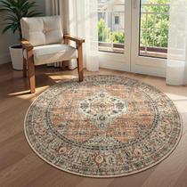 Tapete Lahome Oriental lavável redondo 120 cm antiderrapante pêssego/laranja