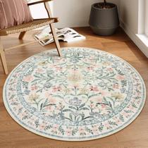 Tapete Lahome Round Boho Floral 120 cm lavável em creme para quarto Tapete Lahome Round Boho Floral 120 cm lavável em creme para quarto