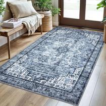 Tapete lavável SIILOOM azul 90x150cm com estampa de medalhão vintage
