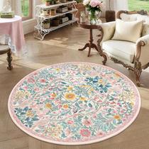 Tapete NakedCloud redondo 120 cm rosa claro lavável floral Tapete NakedCloud redondo 120 cm rosa claro lavável floral