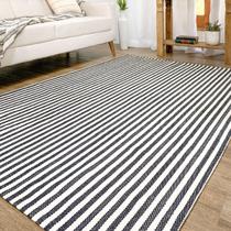 Tapete para Sala Quarto Listrado Cru Preto 2,00m x 1,40m Moderno Antiderrapante Emborrachado Algodão Artesanal