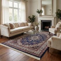 Tapete Persa Belga 1.40 x 2.00 Sala Quarto Medalhão Brasão Franja Decoração Edantex Indiano