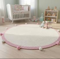 Tapete Quarto do Bebe de Crochê Tapete Quarto Menina Rosa Bebe Pompom 1M