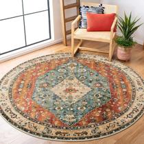 Tapete redondo Lahome Boho Tribal 150 cm lavável em ferrugem/azul-petróleo fosco