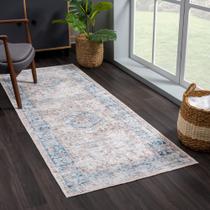 Tapete Runner Bloom Caria Lavável e Antiderrapante (80x210cm) - Bege/Azul