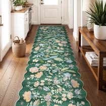 Tapete Runner BYYVOO, lavável, 3 x 12 pés, antiderrapante, verde floral