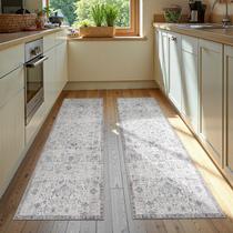 Tapete Runner Jinchan, 2x8 pés, vintage, antiderrapante, cinza, floral