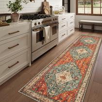 Tapete Runner Lahome Boho Tribal lavável 80 cm x 300 cm de ferrugem/azul-petróleo