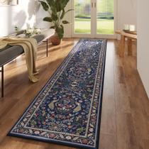 Tapete Runner Rugcomf, cozinha lavável, 60x300cm, azul, floral