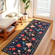 Tapete Runner Terrug Floral Lavável Preto Boho 60x180cm Tapete Runner Terrug Floral Lavável Preto Boho 60x180cm