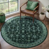 Tapete Tangsoo Vintage Redondo 90cm Lavável Verde Floral Tapete Tangsoo Vintage Redondo 90cm Lavável Verde Floral