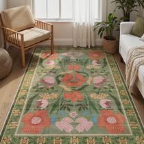 Tapete Yuemasi verde floral 150x210 cm antiderrapante, macio e lavável