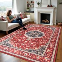 Tapete Zentavio de 152x213 cm, lavável, antiderrapante, vintage, vermelho